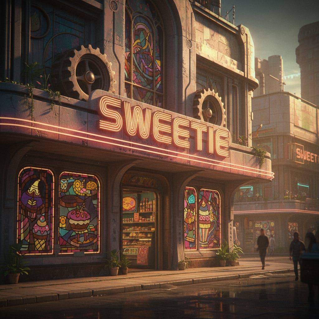Sweetie Bakery Sign, Cinematic Film Still