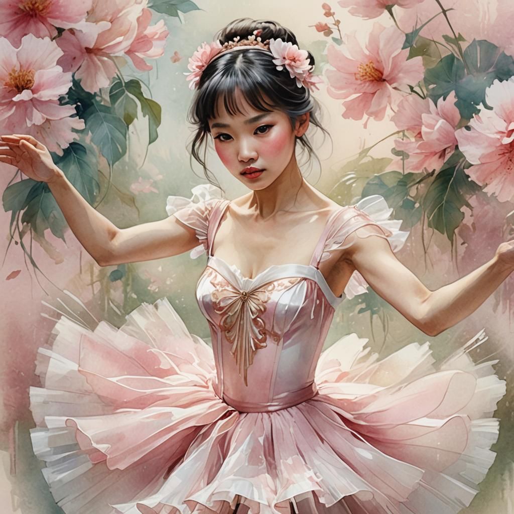 Vietnamese woman with bangs as a ballerina pink and white
