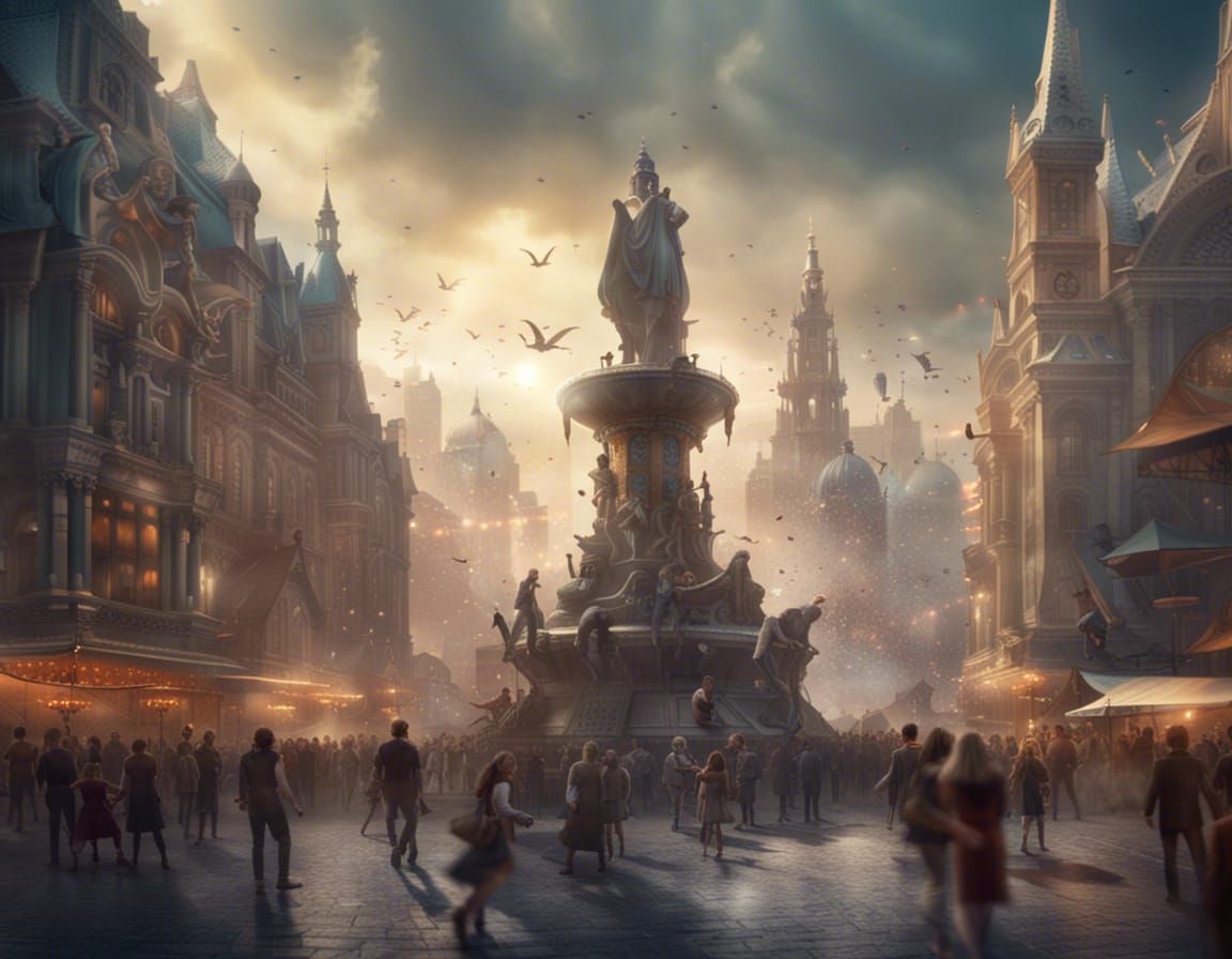 Joyful Crowd Gathers at City Square Fountain