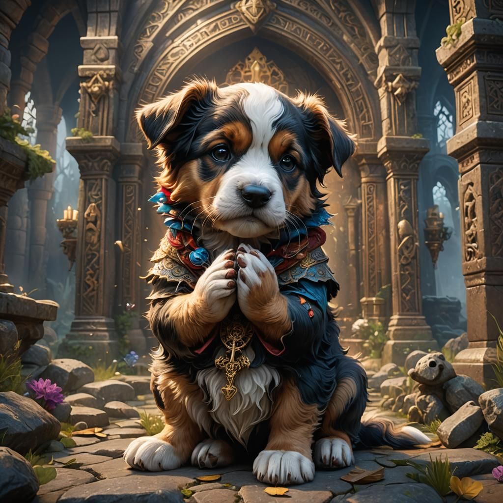 Puppy Praying: Detailed Fantasy Concept Art