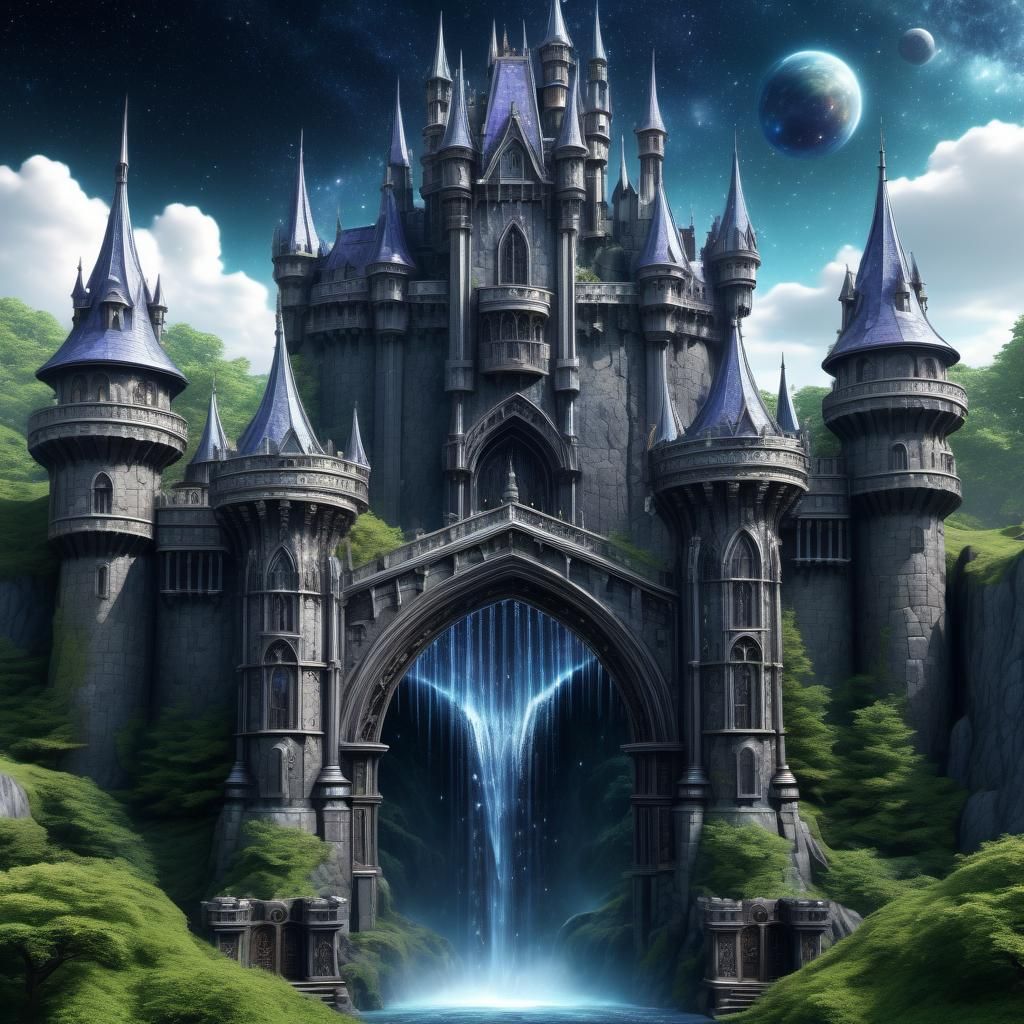 Galaxy Waterfall Hiding Gothic Castle Gate