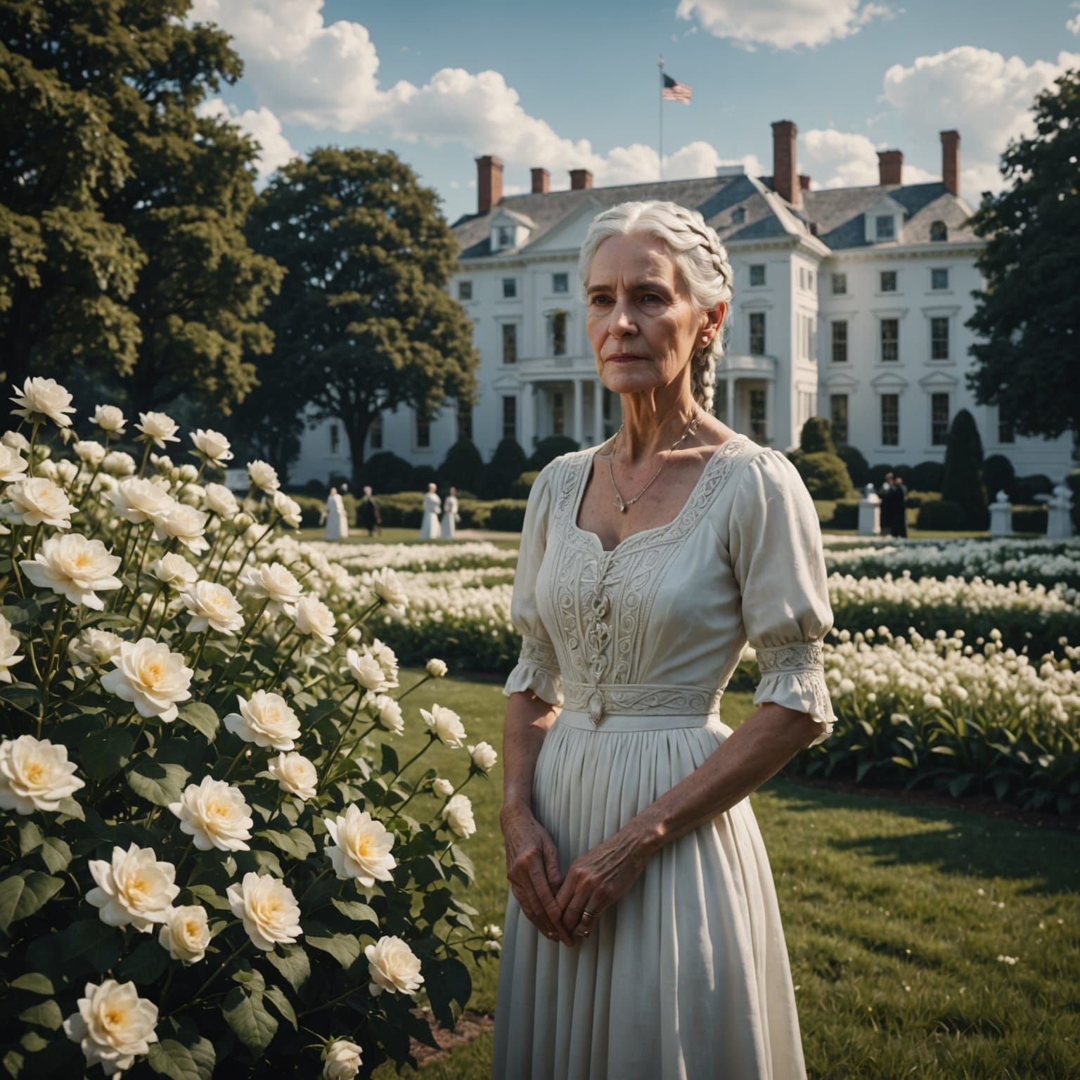 Elderly Woman in White Dress with White Flowers