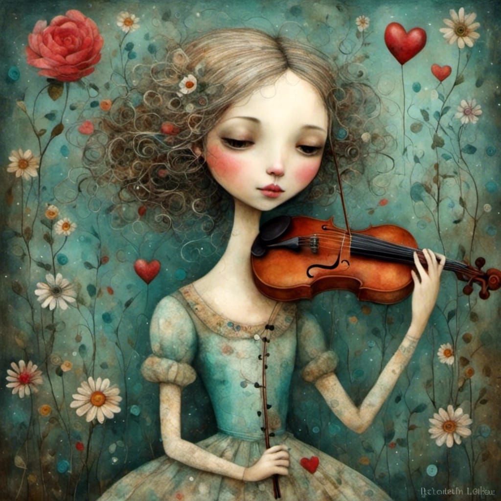 Whimsical Woman with Cello Inside Wooden Heart
