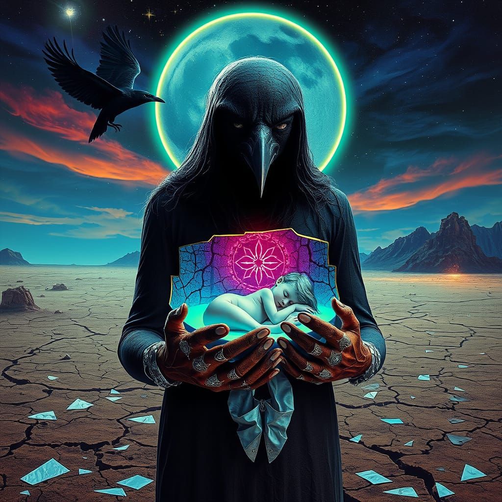 Crow Guides Soul to Underworld Oasis in Surreal Collage