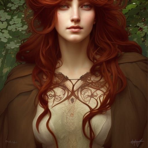 Red-Haired Hedge Witch Portrait in Hyperdetailed Style