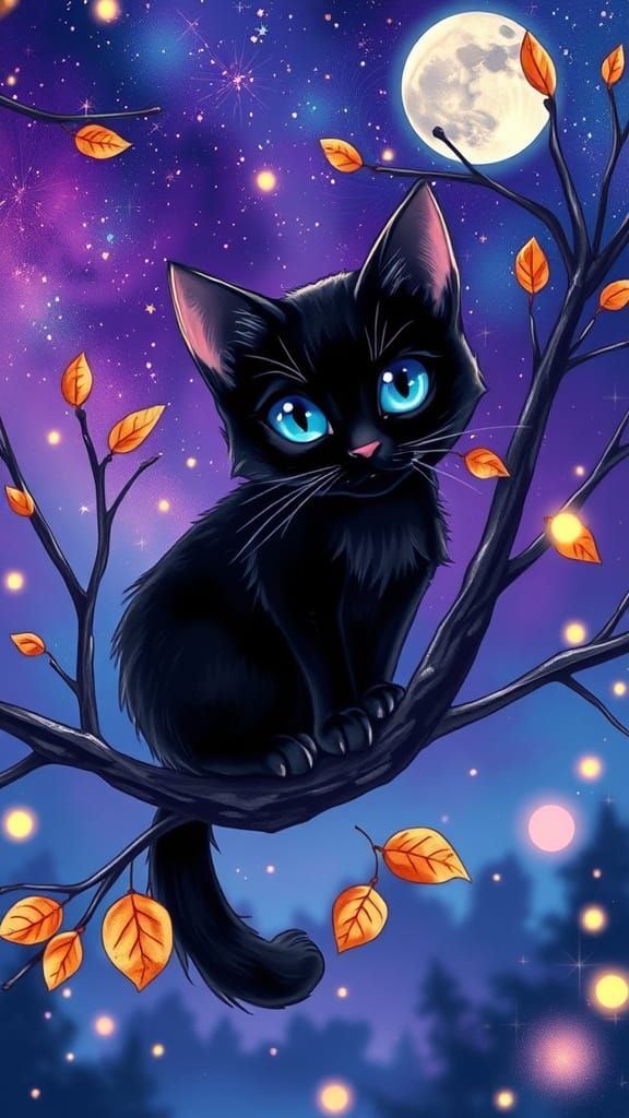 Black Cat in Anime Autumn Night