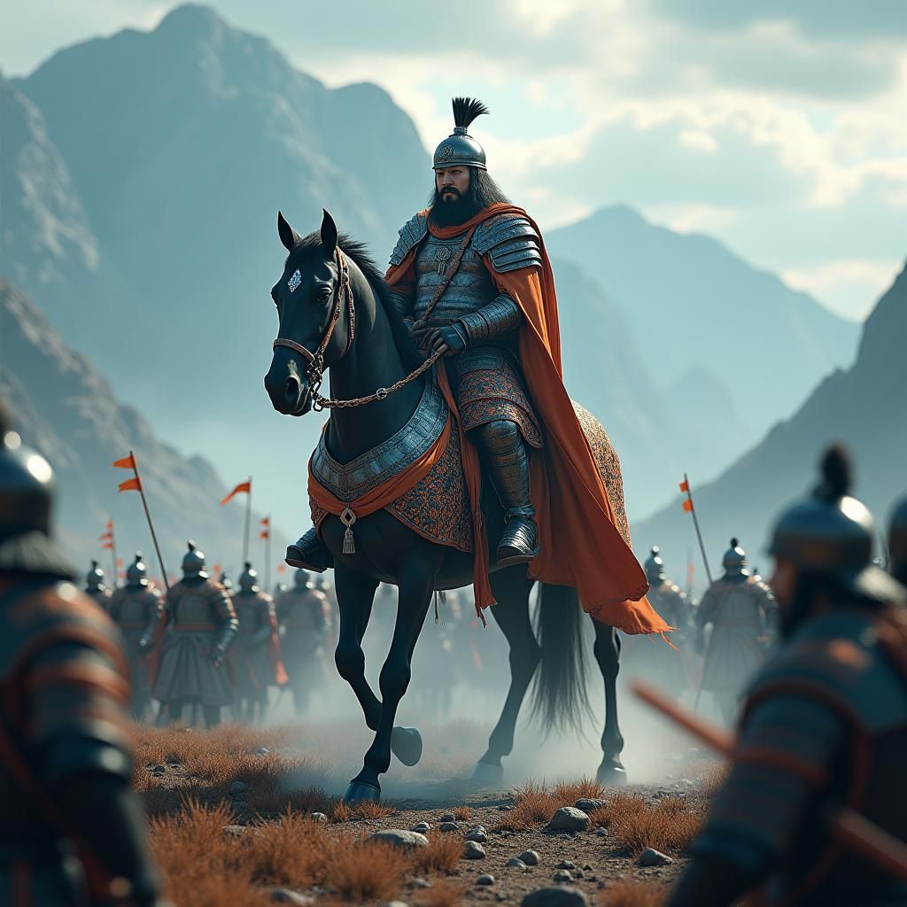 Genghis Khan and Mongol Warriors in Epic Landscape