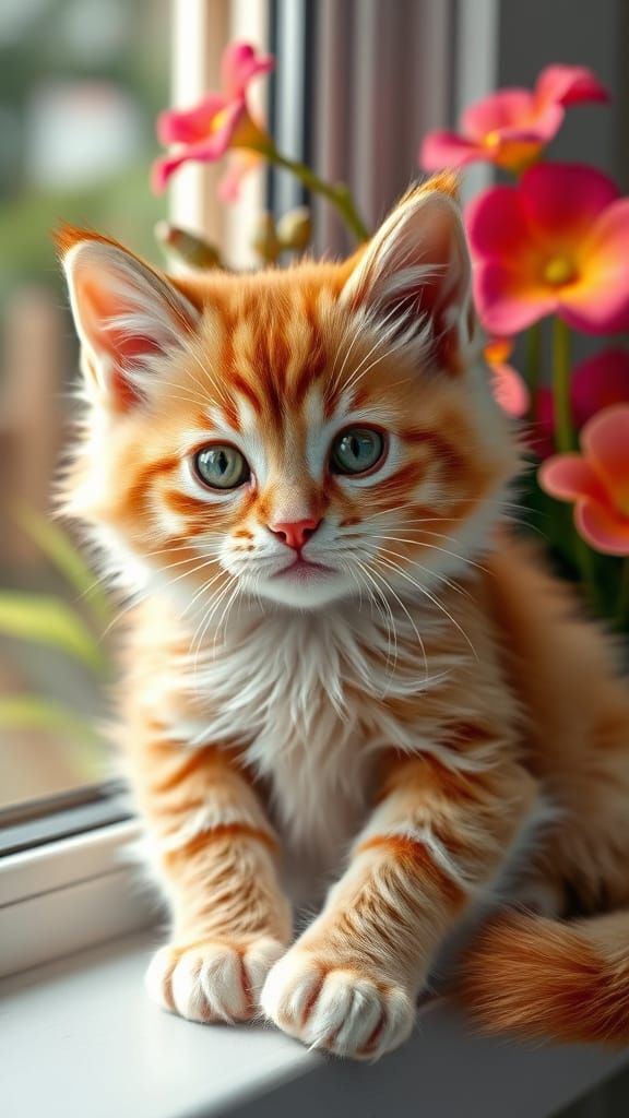 Photorealistic Ginger Kitten by Window with Flowers