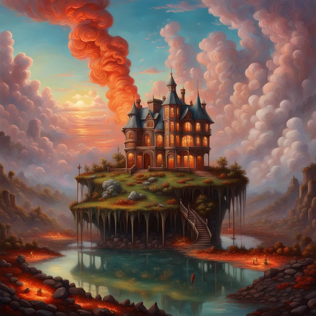 Victorian Cottagecore Home Over Molten Lava, Matte Painting