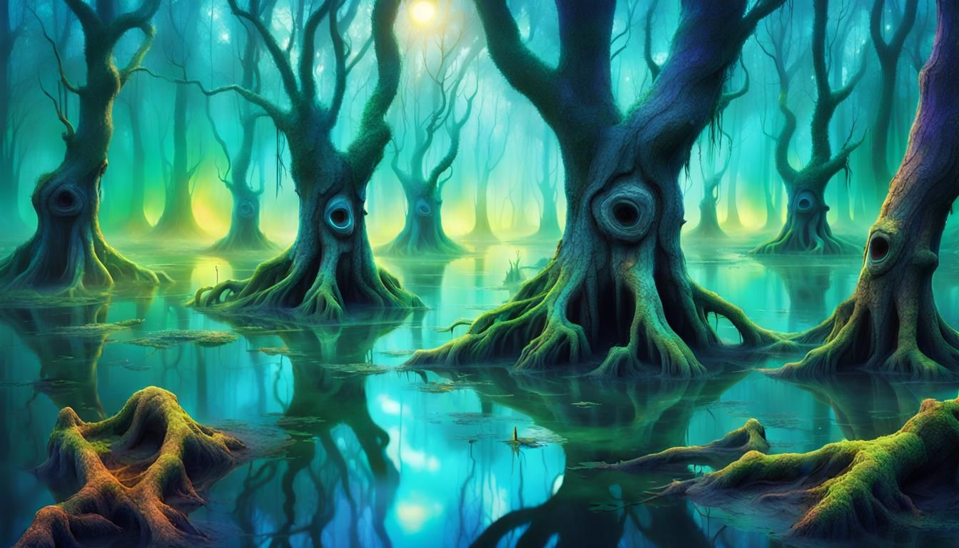 Magical Tree Beings Guarding Swamp: Surreal Digital Art