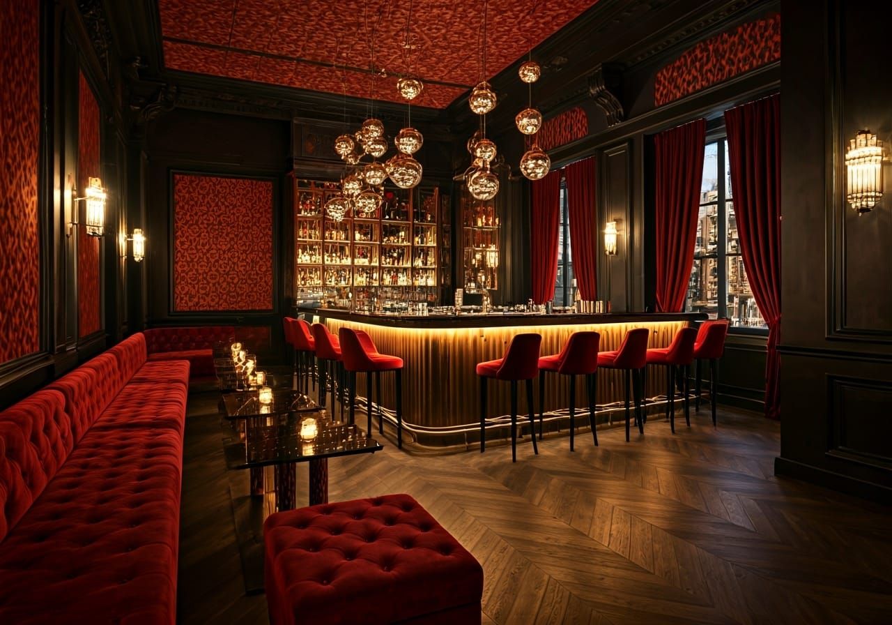 Luxurious Art Deco Bar with Red Velvet and Gold