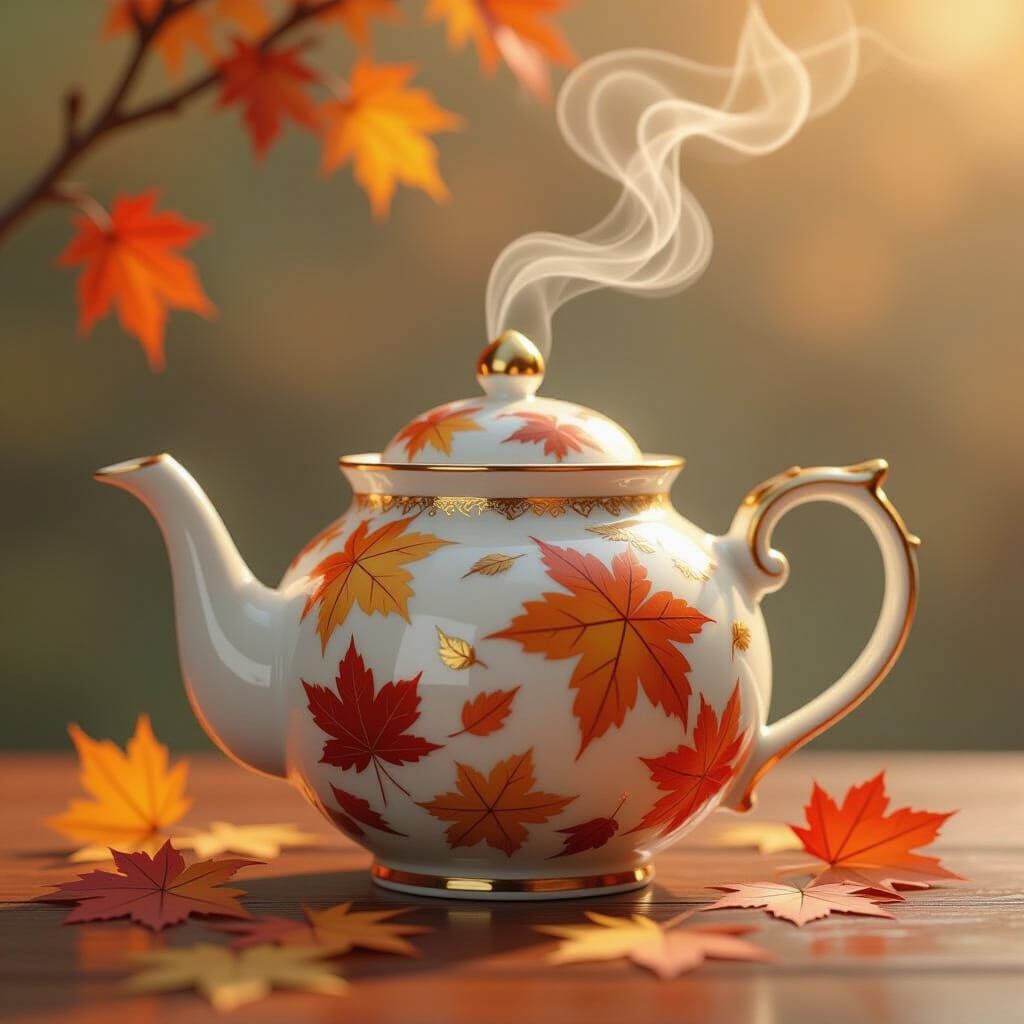 Ornate Teapot with Autumn Leaves in 3D Anime Style