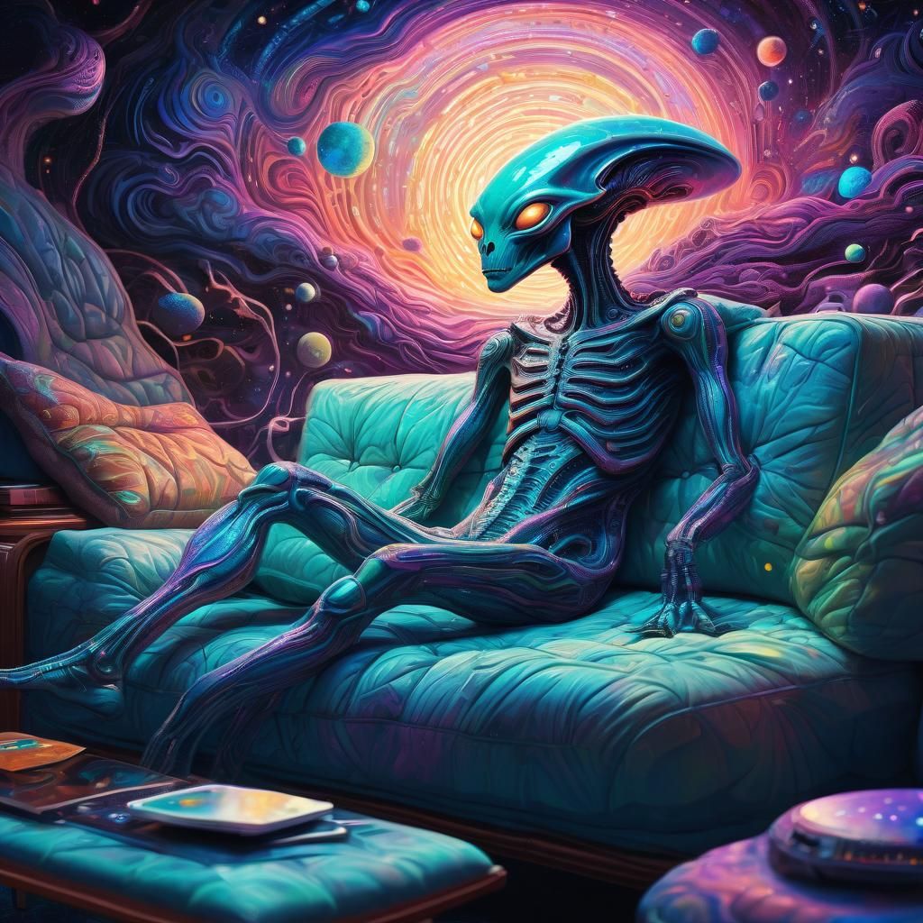 Dreamlike Space Alien on Couch in Psychedelic Style