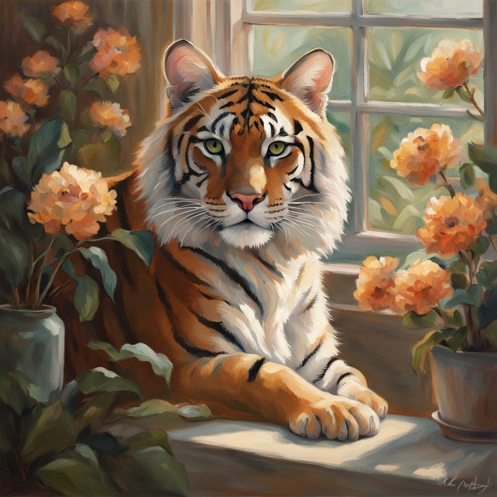 Fluffy Bengal Tiger in Sunlit Garden Painting