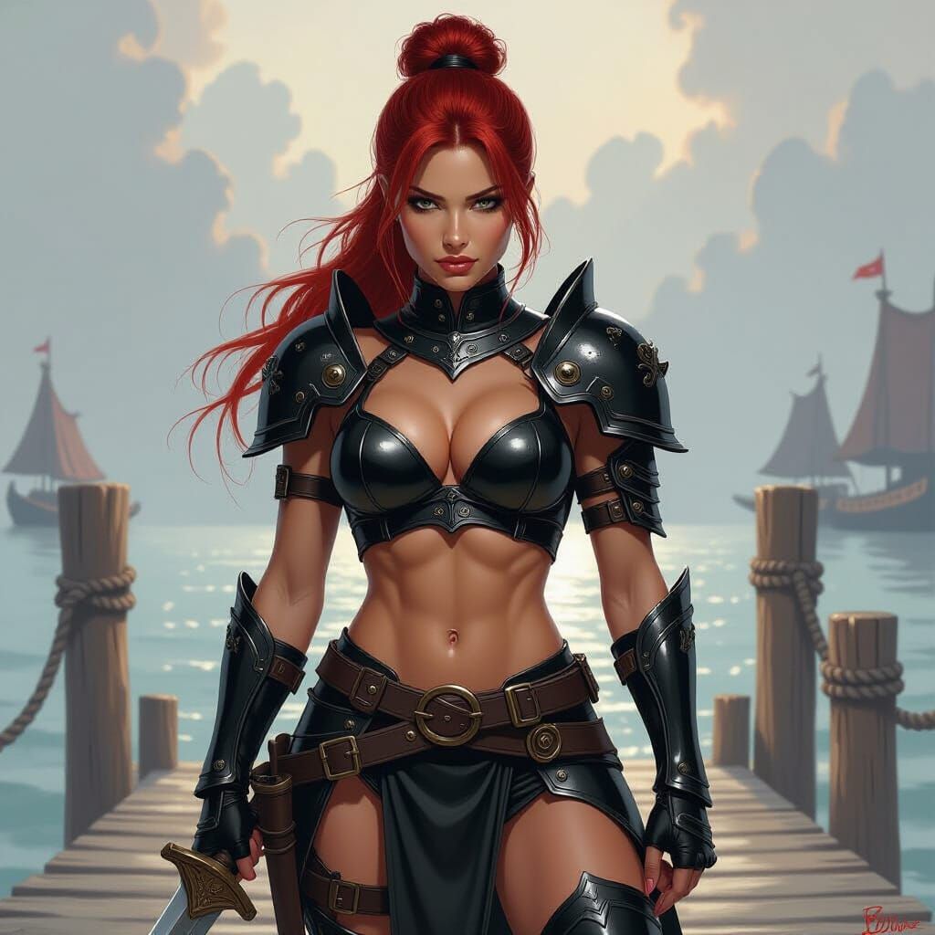 Fantasy Warrior in High-Gloss Armor on Dock