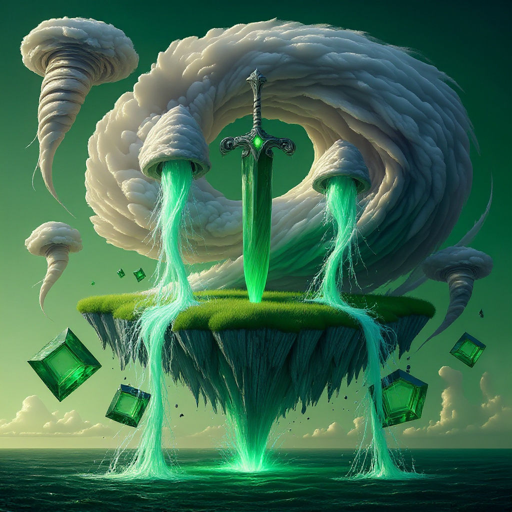 Emerald Sword Floating in Stormy Sky