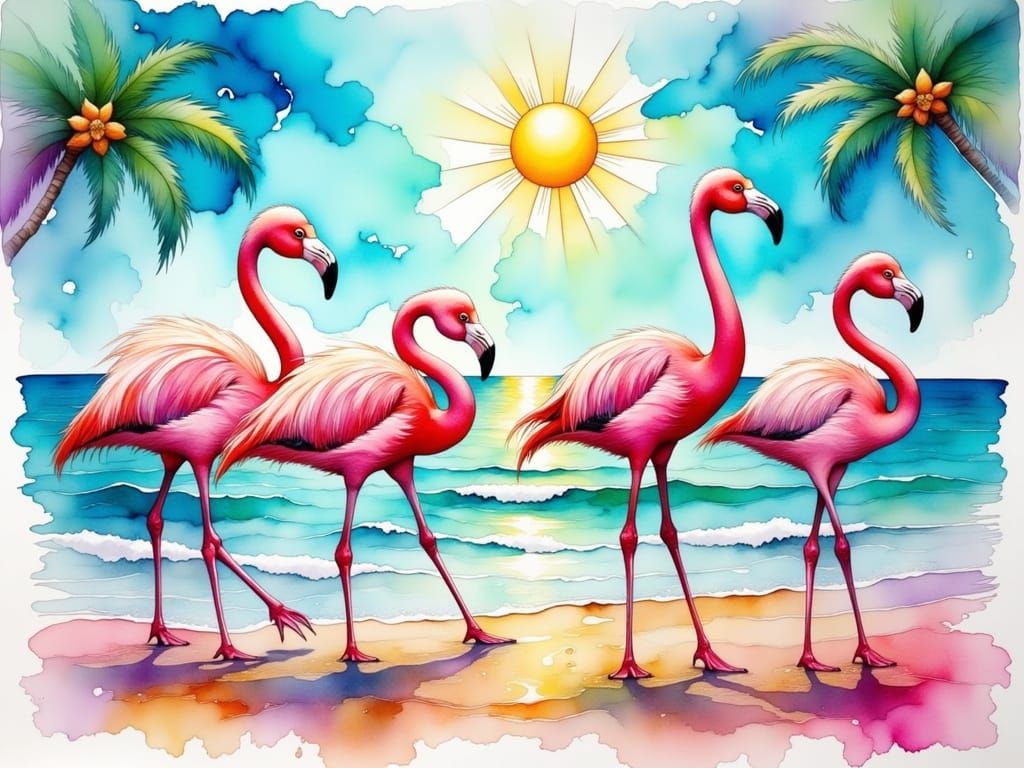 Vibrant Neurographic Flamingos in Joyful Summer Scene