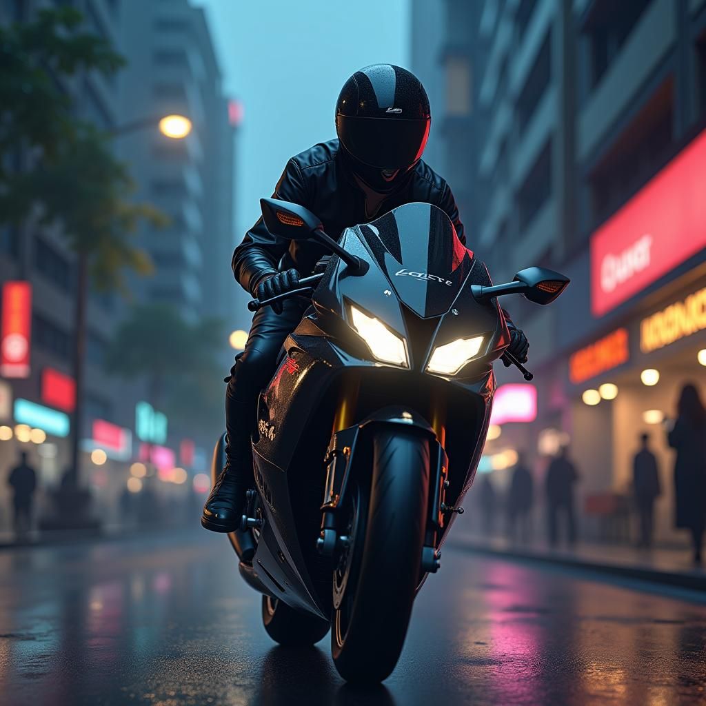 Melancholic Anime Biker in Rainy Cyberpunk City