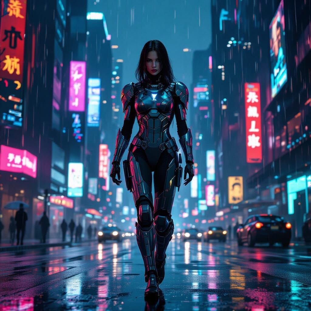 Cyberpunk Supermodel Strides Through Neon Cityscape