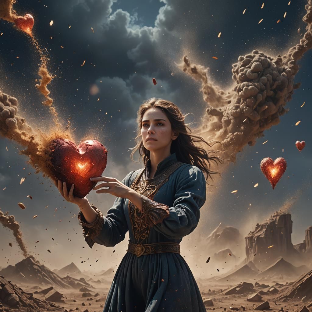 Woman Holding Heart Disintegrating to Dust