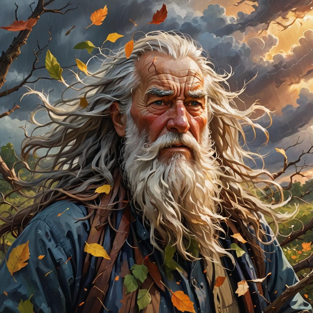 Old Man vs Storm in Pixar-Style Oil Painting
