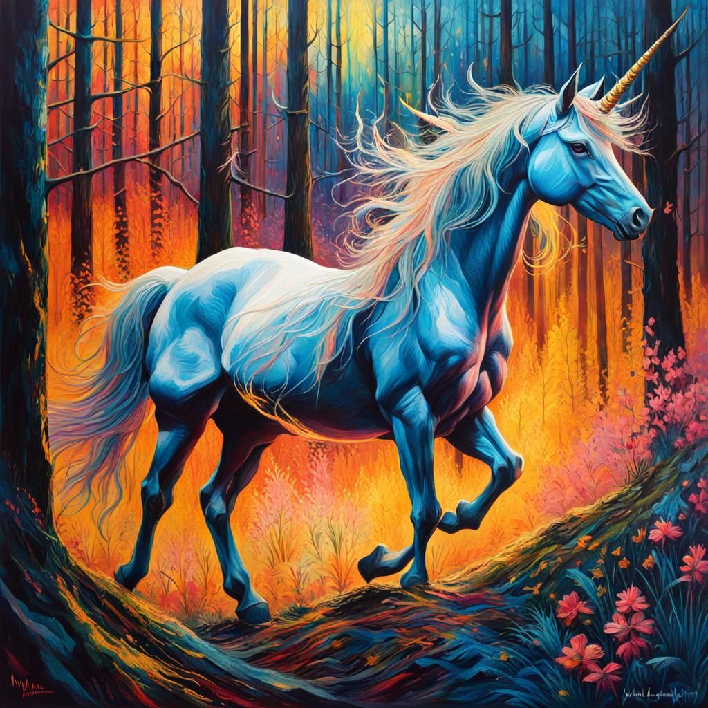 Unicorn Double Exposure in Impasto Style