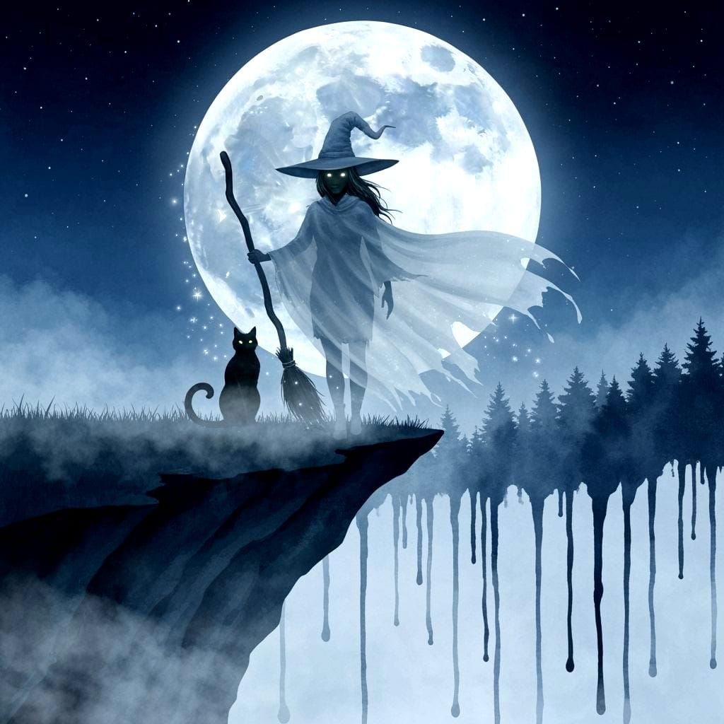 Ghostly Witch on Cliff Under Full Moon