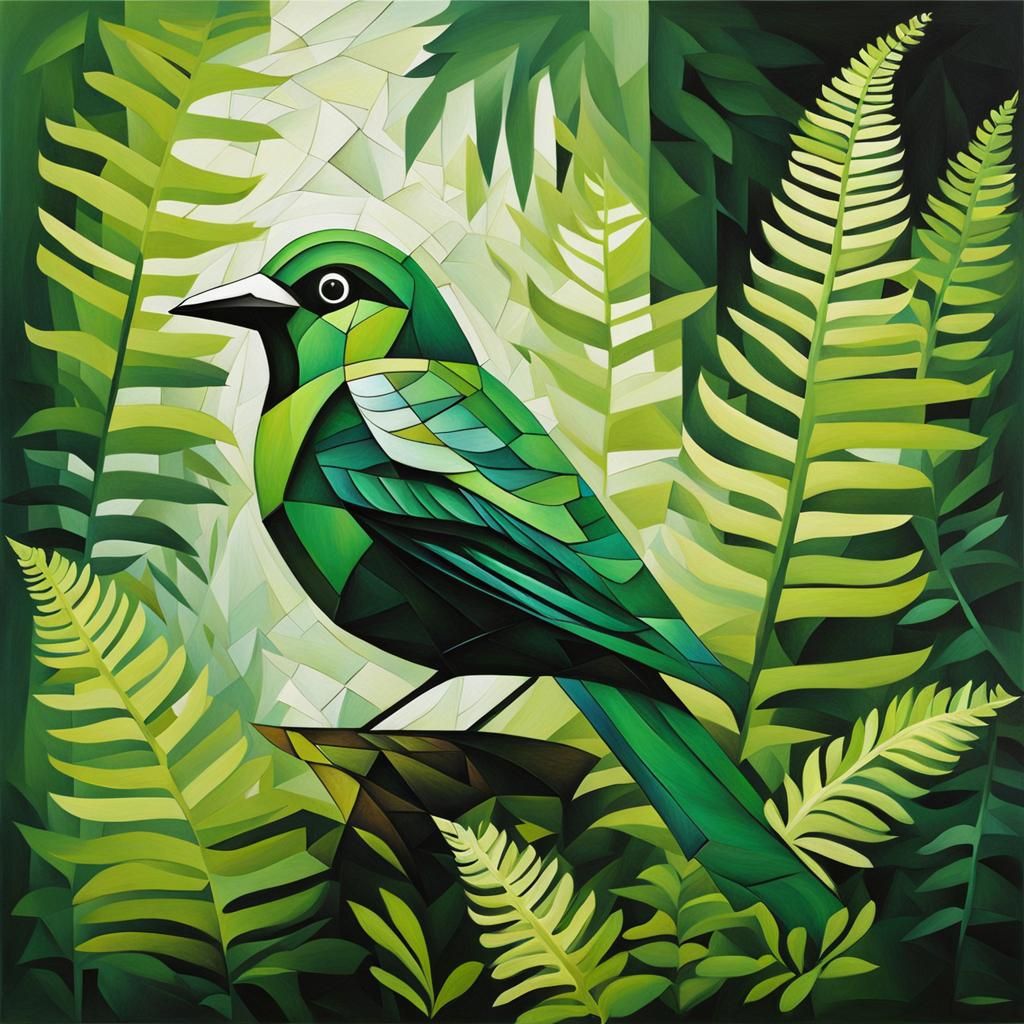 Cubist Green Bird in Fern Forest