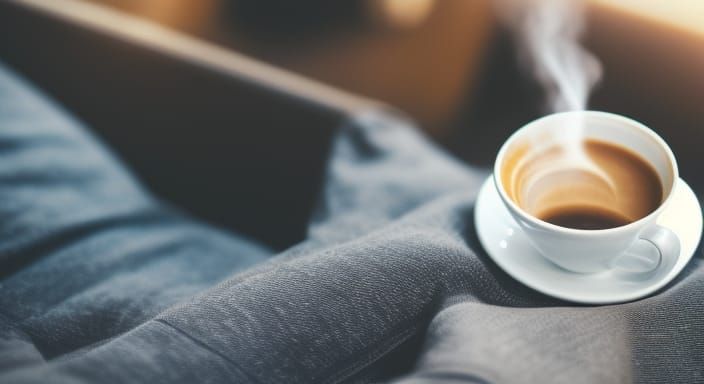 Steaming Coffee Cup in City Morning