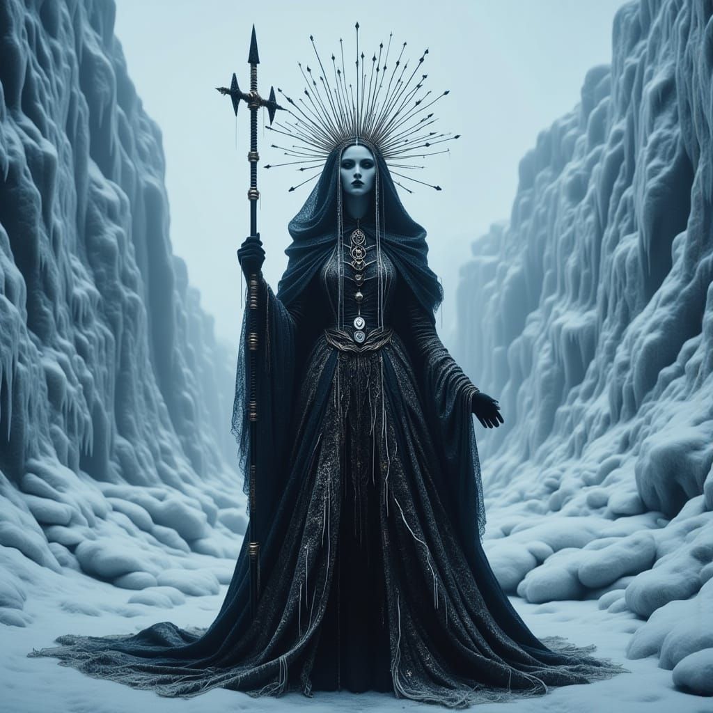 Ethereal Ice Goddess Amidst Frozen Wilderness in a Realistic...