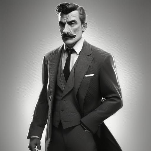 Noir detective. Precious little moustache. Suit. Grey hair. Refined and proper.
