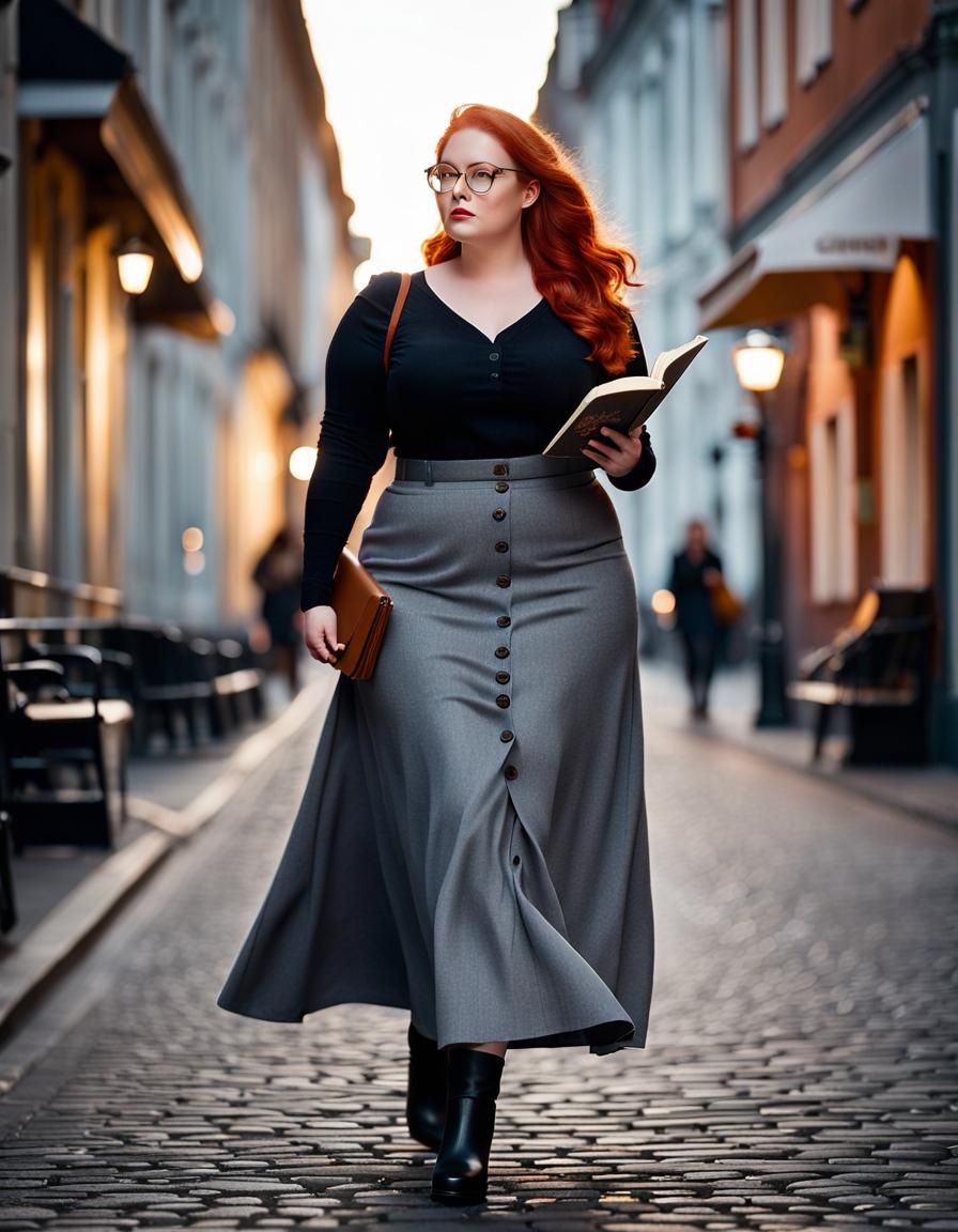 Redhead Woman Reading Book in Nostalgic City