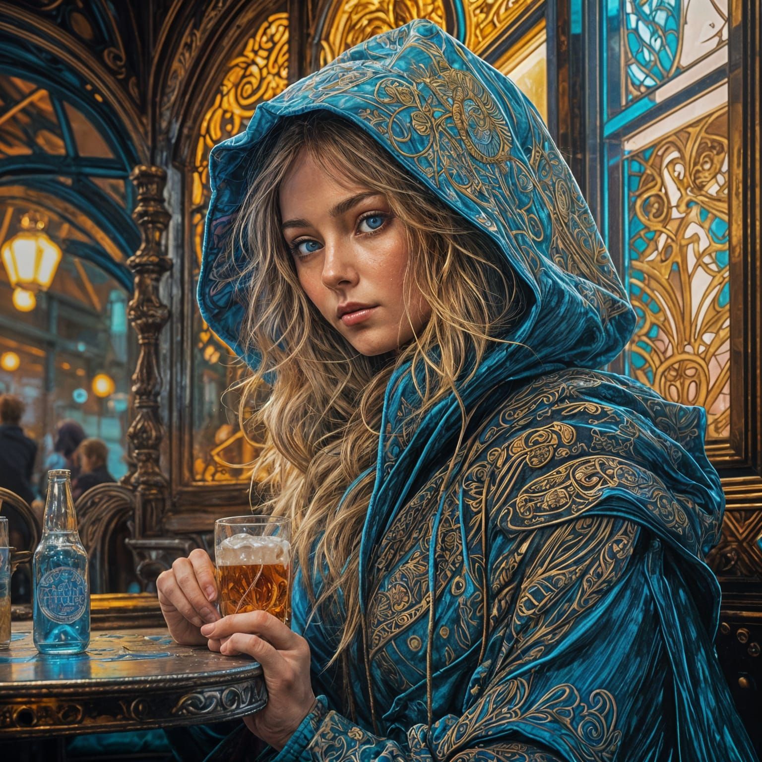 Enigmatic hooded woman at an Oxford's pub