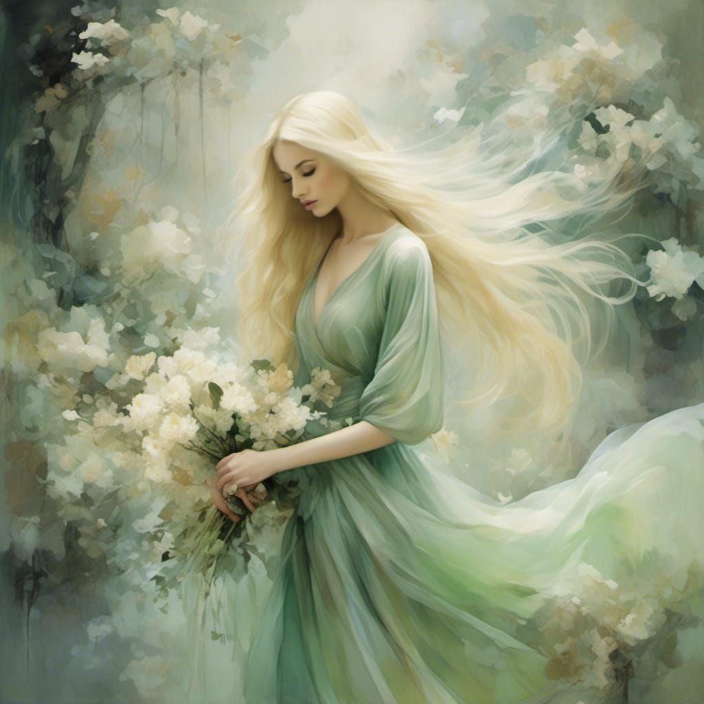 Ethereal Woman Creating Bouquet in Abstract Art