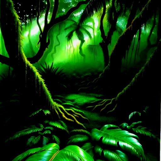 Rainforest Landscape Oil Painting with Emerald Orchids