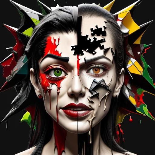 Fragmented Male Face in Digital Collage with Anaglyph Effect