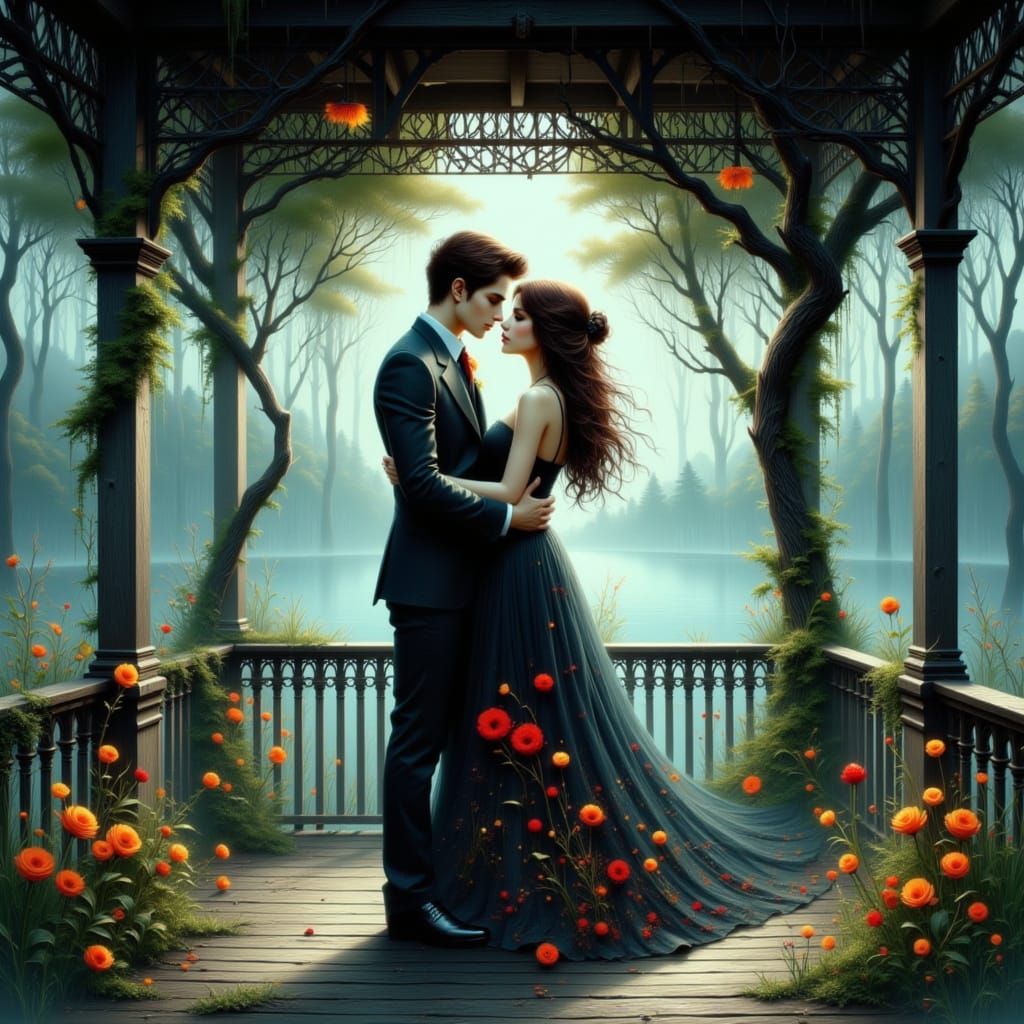 Twilight Couple Dancing in Misty Gazebo Anime Style