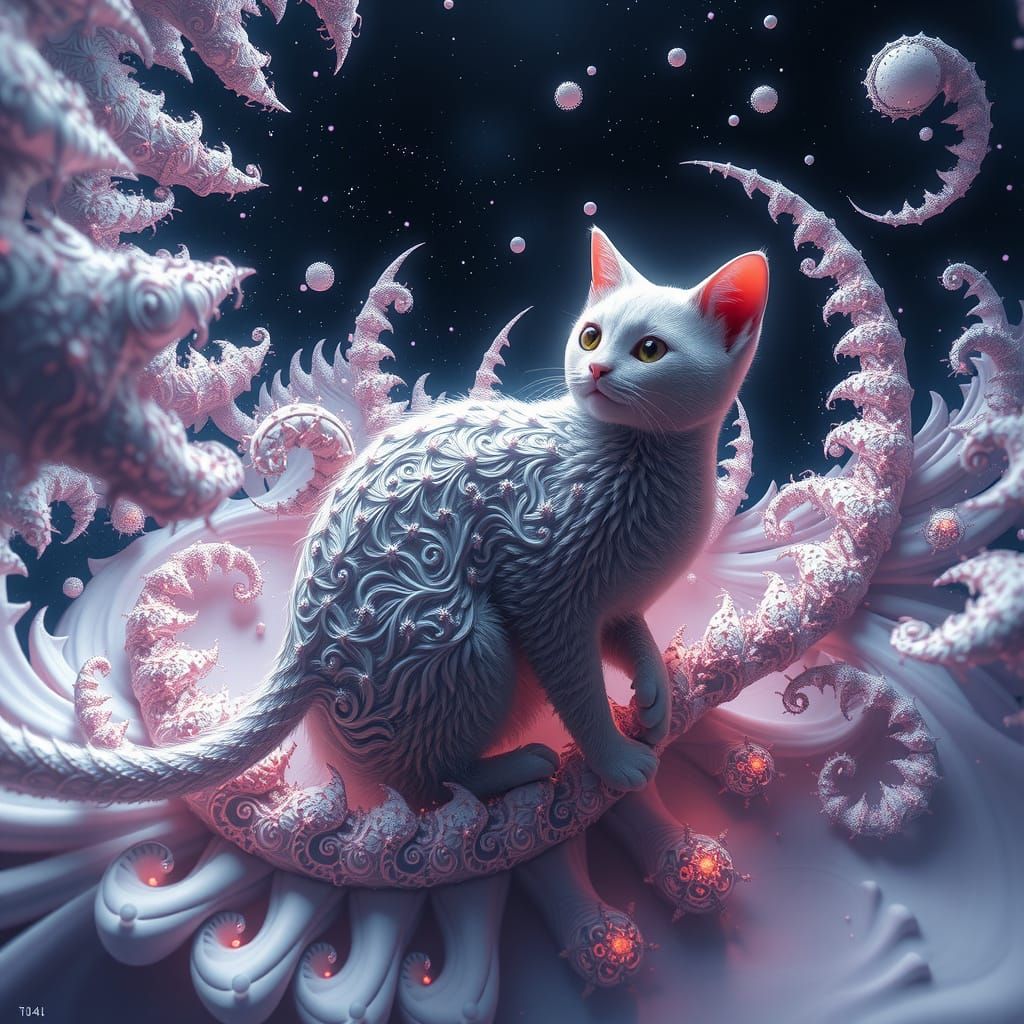 Fractal Cat Emerges in Magical Landscape as Digital Art