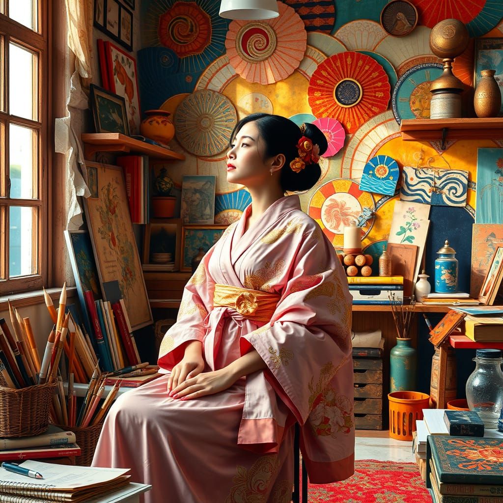 Abstract modern Japanese woman in the art studio, Impasto Painting, Cubism, Multimedia Gustav Klimt. Bright and warm