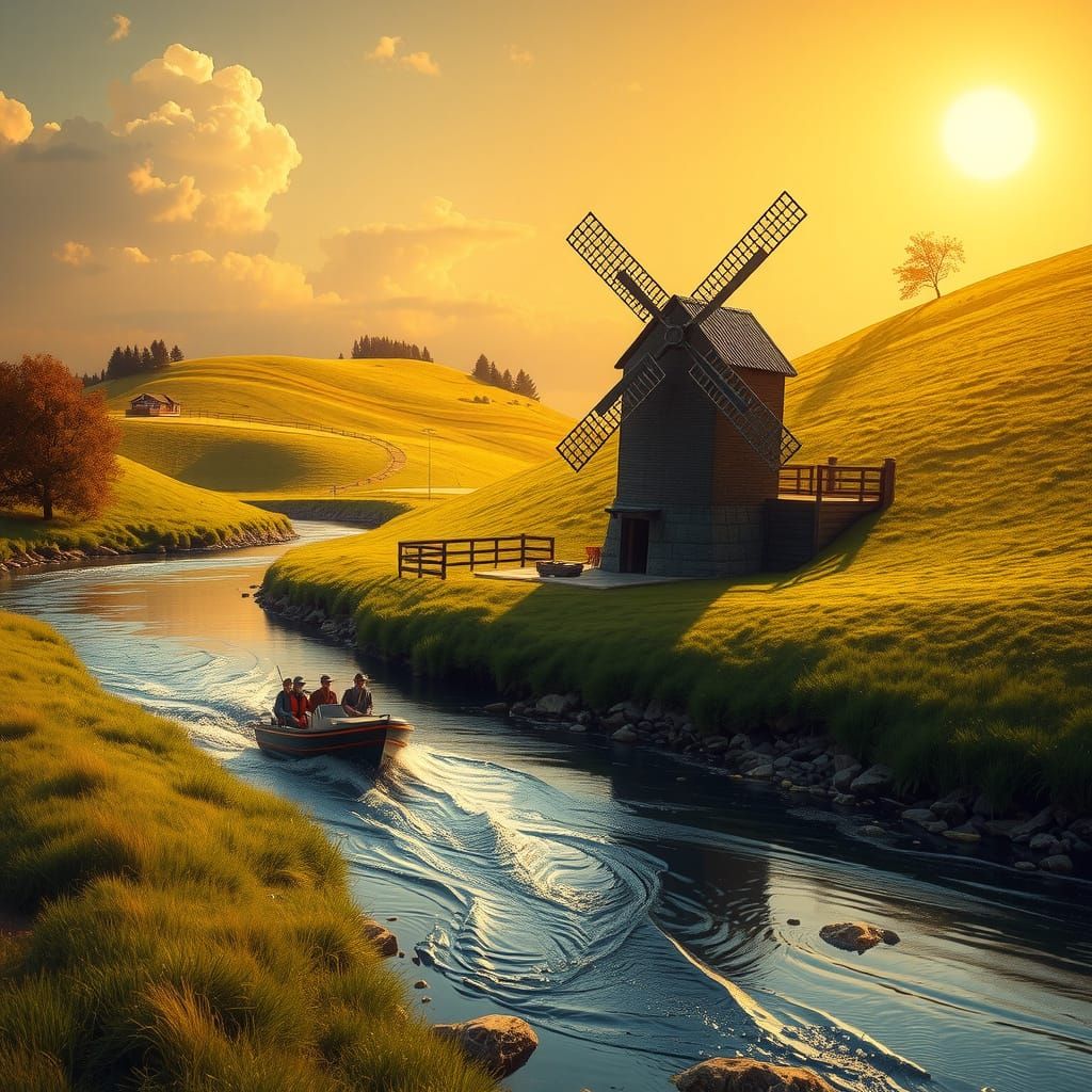 Fantasy Watermill Escapes Down Lush Green Hillside