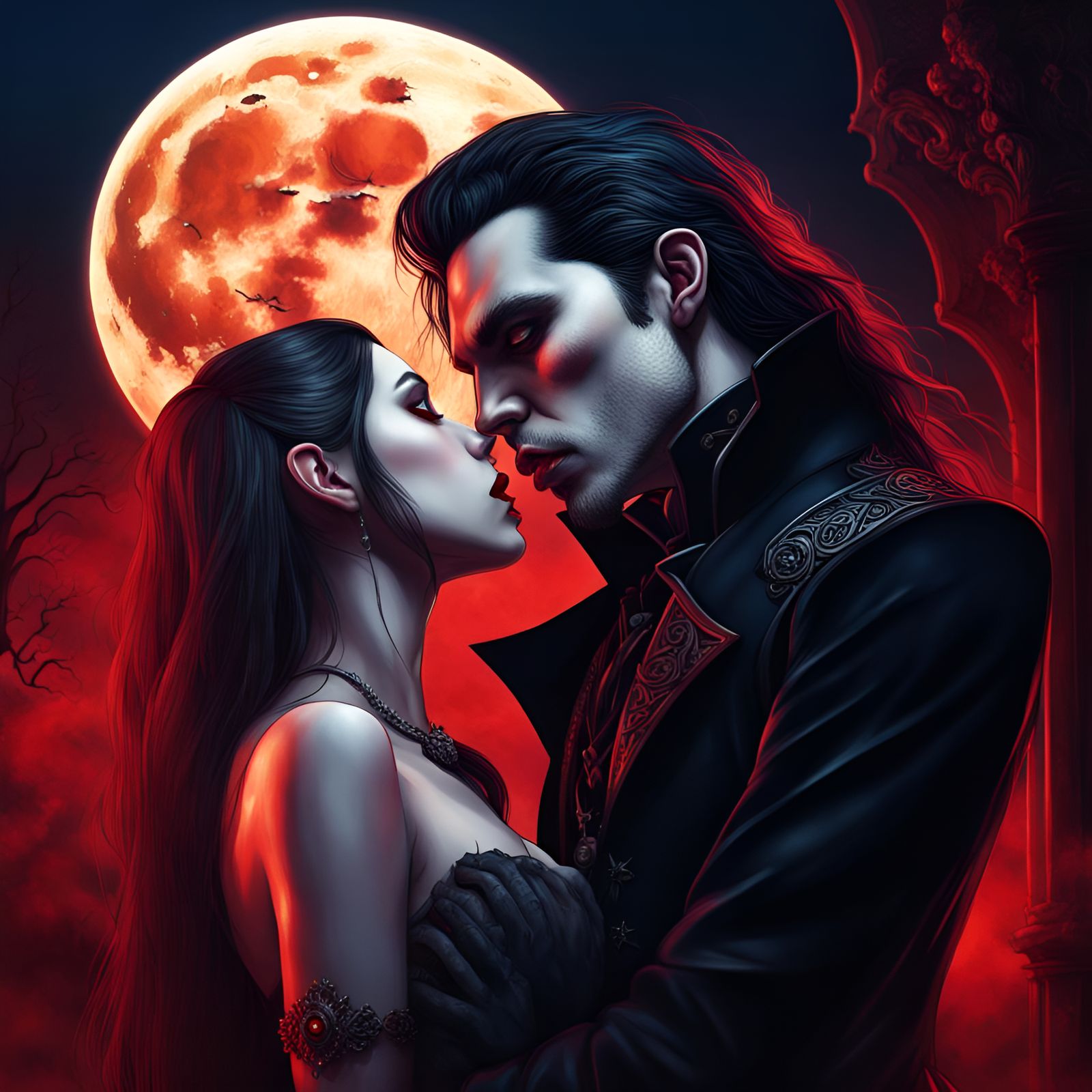 Vampire Couple Kissing in Gothic Moonlight