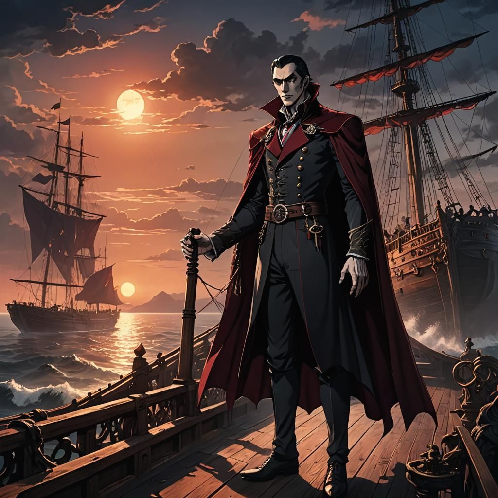Dracula on Ship Deck at Sunset in Anime Style