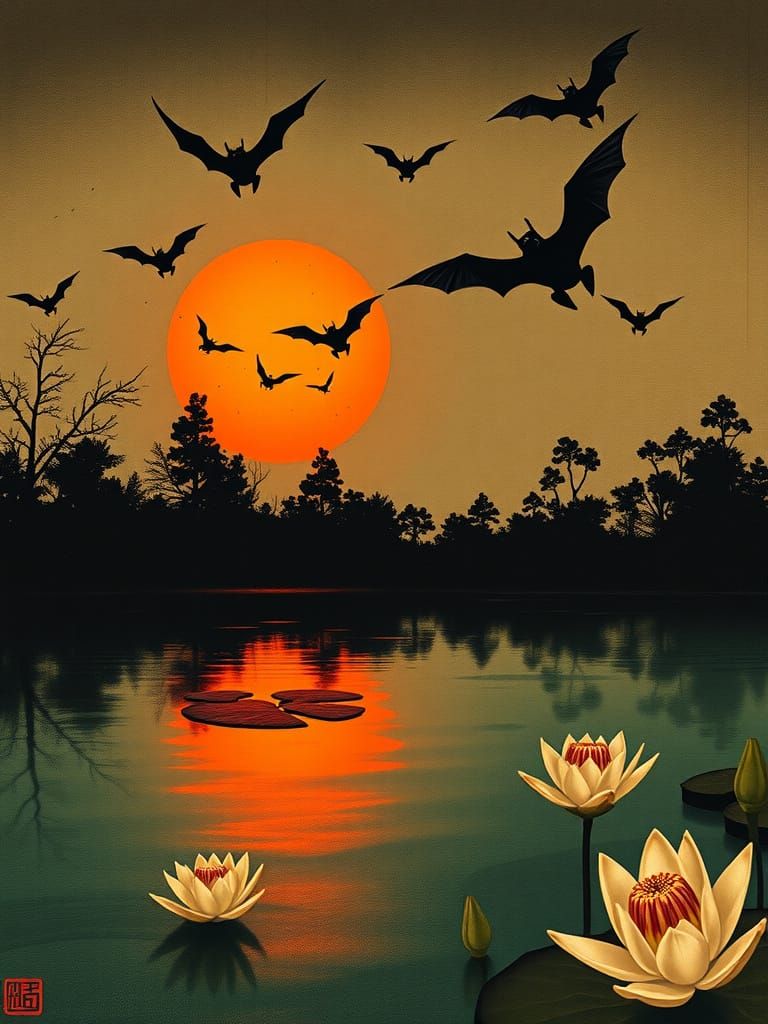 Japanese Ink Scroll: Bats at Sunset