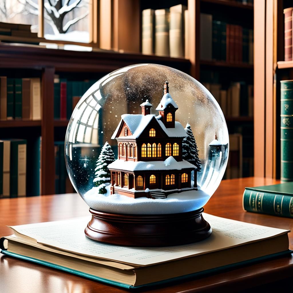 Snowglobe in a Quiet Library Scene