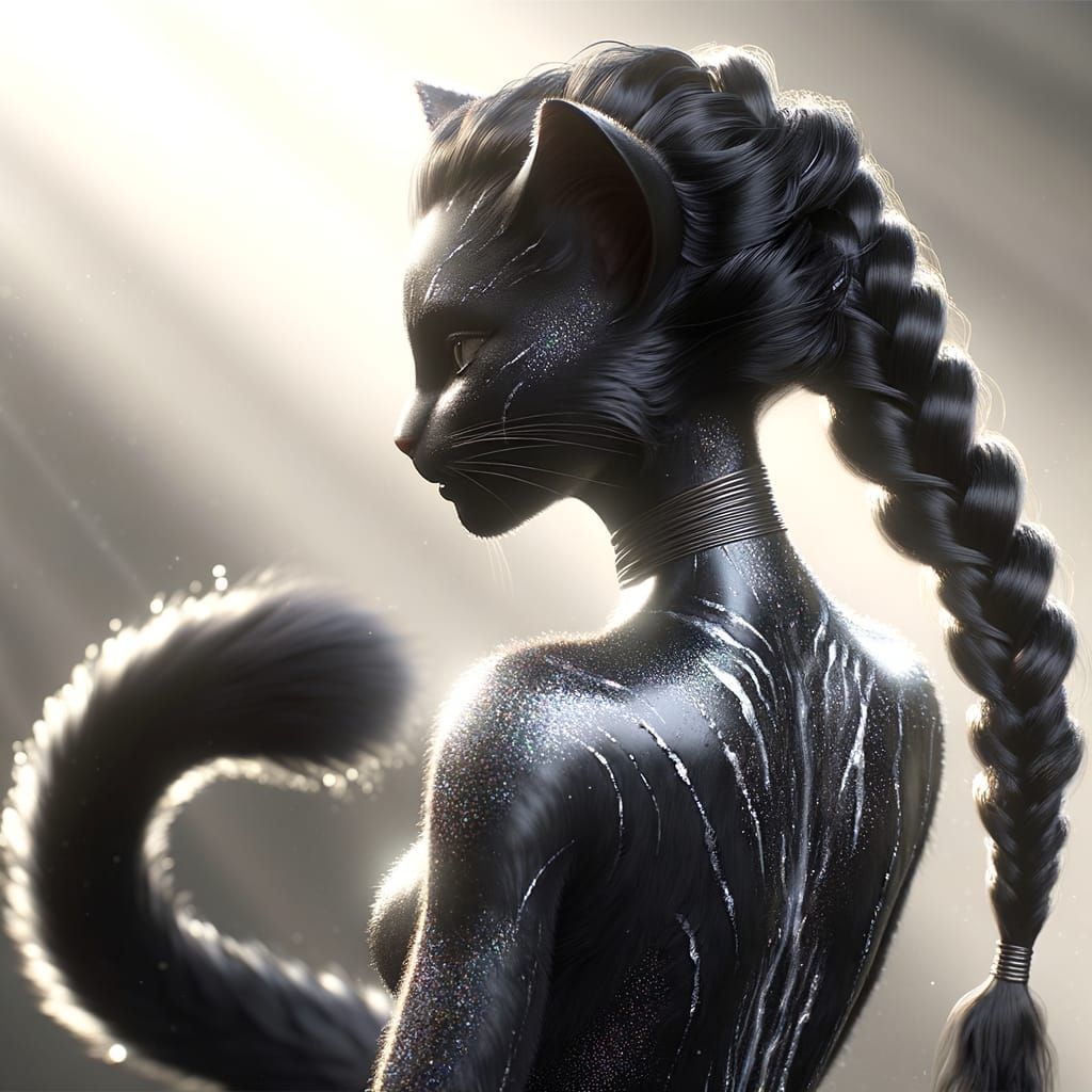 Feline Alien Goddess with Dark Hair in Radiant Sunlight