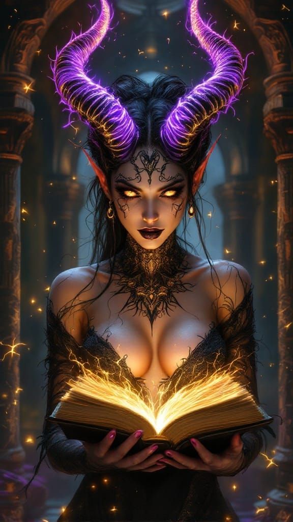 Mystical Demoness in Shadow Gown of Ancient Arcane Chamber
