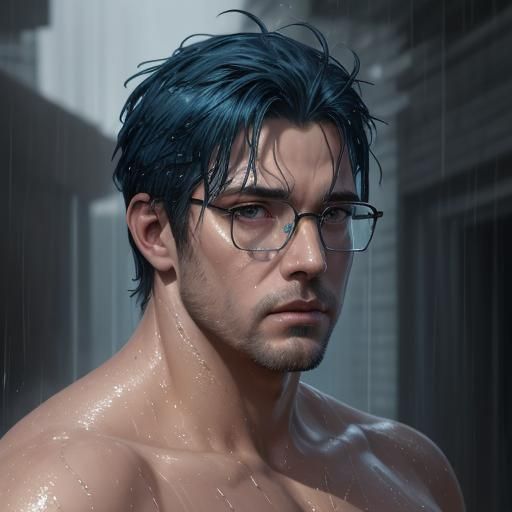 Android Hunk Jogging in Rain, Hyperrealistic Portrait