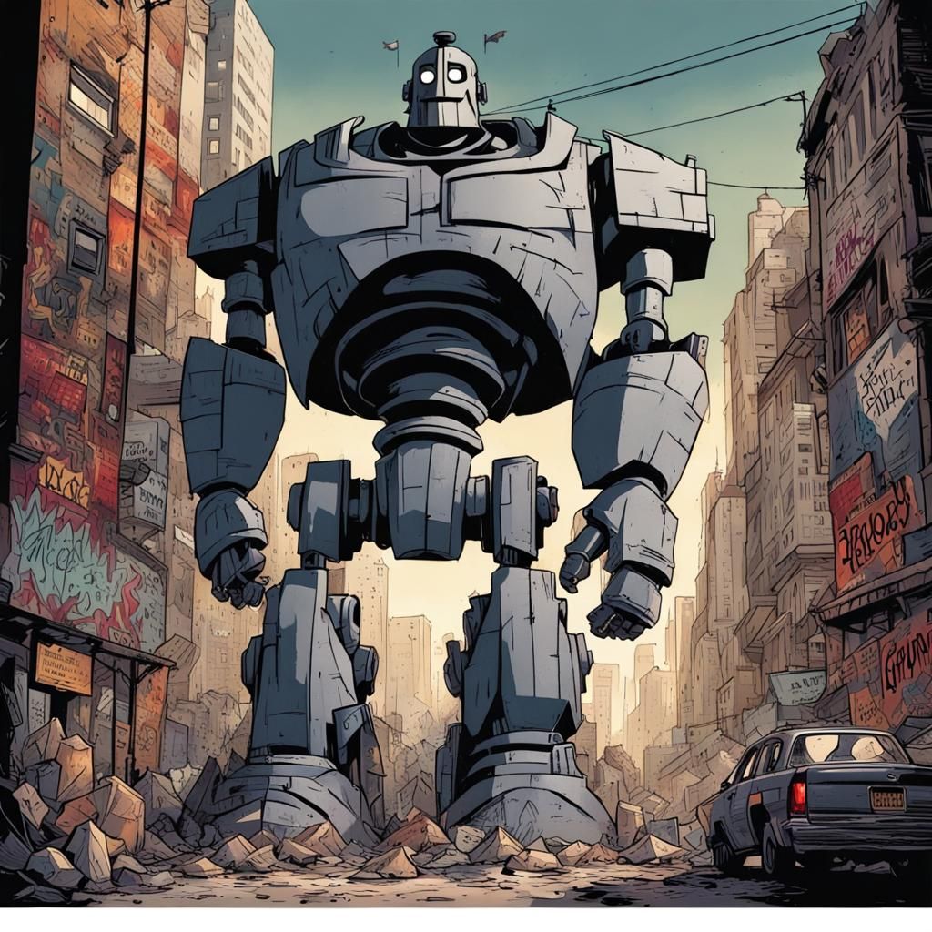 The Iron Giant covered in graffiti