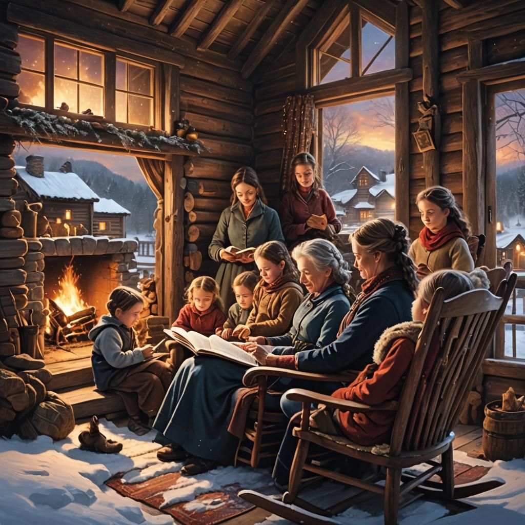 Colonial Mother Reads to Children on Winter Day