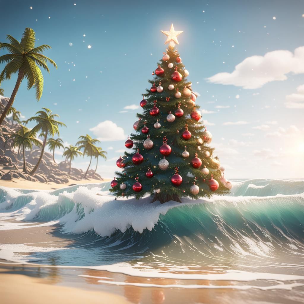 Flamingo Christmas Tree on a Beach in 3D